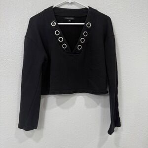 Kendall Kylie Black Cropped Sweatshirt V Neck Grommet Detail Long Sleeve M